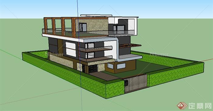 某现代风格住宅别墅带游泳池、庭院建筑设计SU模