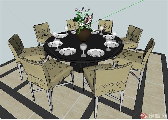 现代风格圆形餐桌椅及吊灯su模型