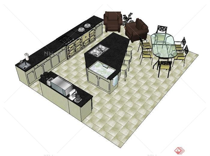 现代风格室内住宅空间厨房及家具设计su模型[原创
