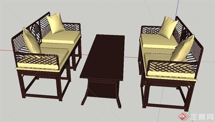 中式风格沙发与茶几su模型