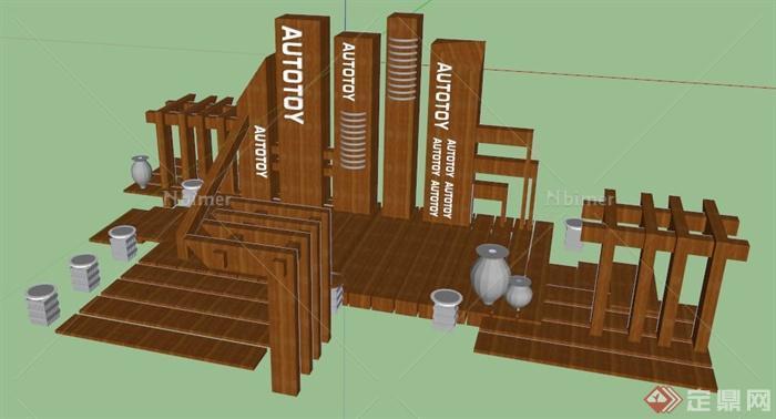 现代风格木平台休憩平台su模型