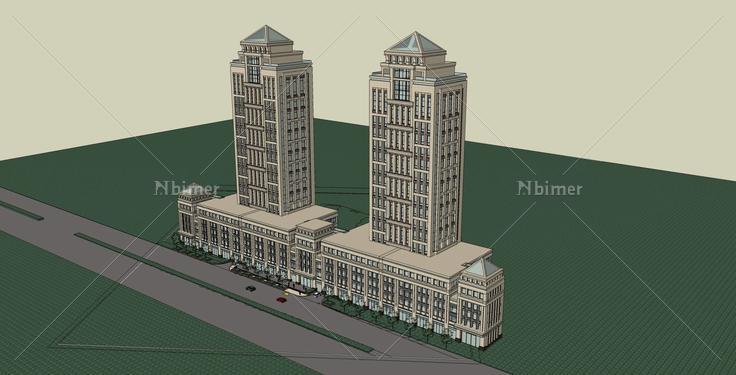新古典双塔式商业办公大楼(31258)su模型下载