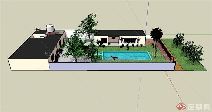 某现代风格住宅庭院及简单的建筑设计SU模型[原创