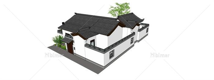 某现代中式庭院式住宅楼建筑设计su模型[原创]