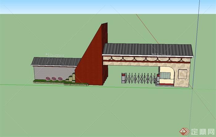 新中式风格学校的大门入口设计su模型