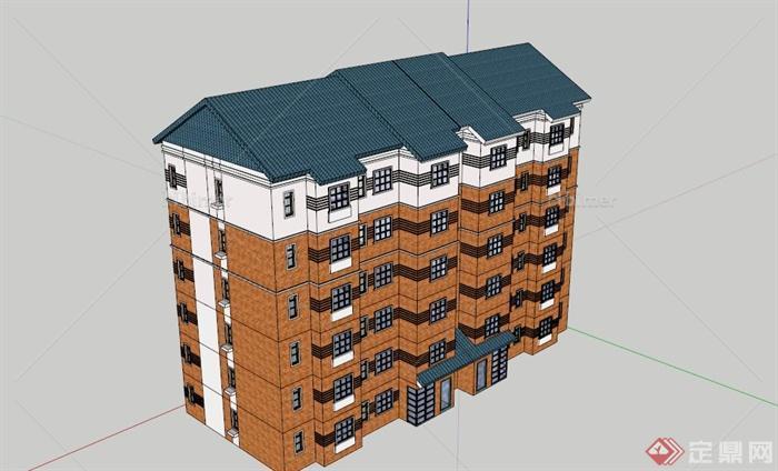 某现代六层住宅楼建筑设计SU模型素材