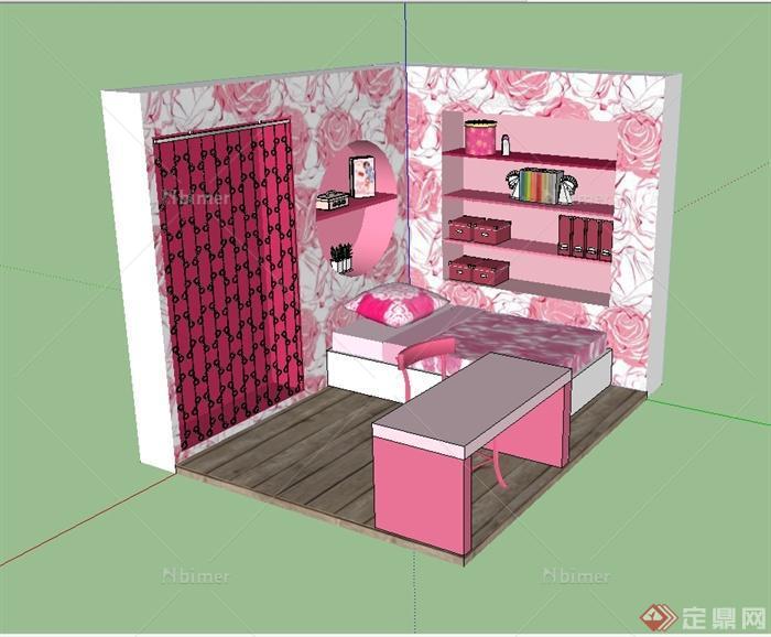 现代风格粉色儿童房间设计su模型[原创]