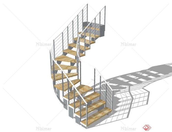 现代转角木踏步楼梯设计SU模型[原创]