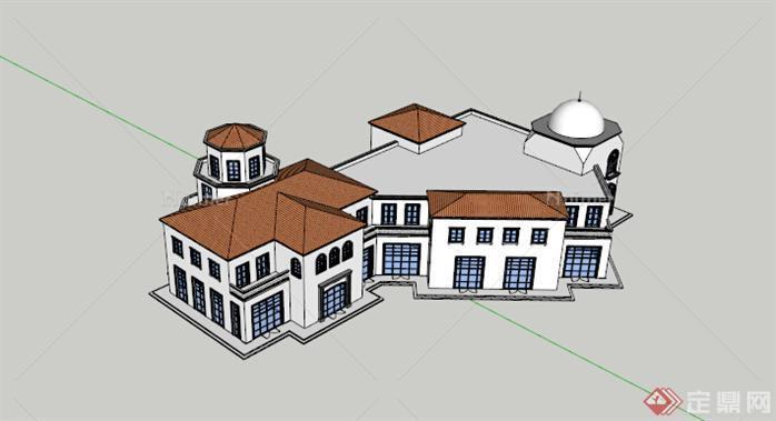 西班牙风格小型商业会所建筑设计su精细模型[原创
