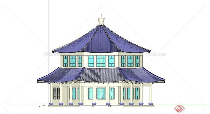某简约古典中式风格旅游区楼阁建筑设计SU模型[原