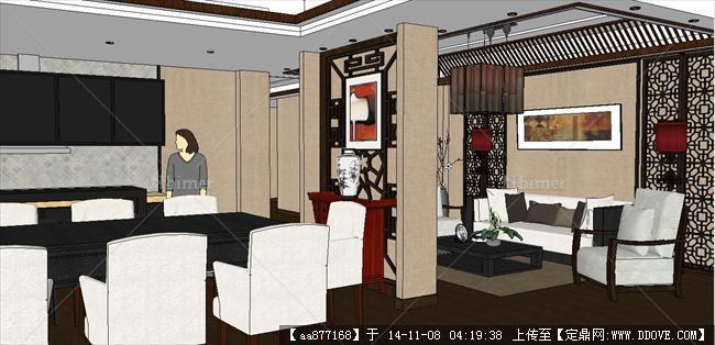 中式客餐厅装潢方案SU精致设计模型