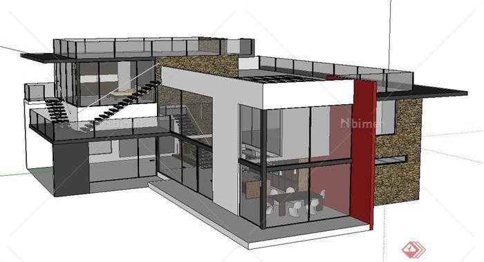 新中式现代风格两层别墅建筑SketchUp模型[原创]