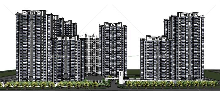 某现代中式住宅小区总体建筑规划设计SU模型[原创