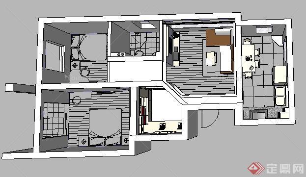 某两室两厅住宅空间书房客厅厨房餐厅设计SU模型