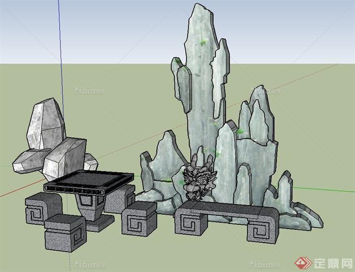 园林景观节点景石、石桌椅、龙头雕塑等设计SU模