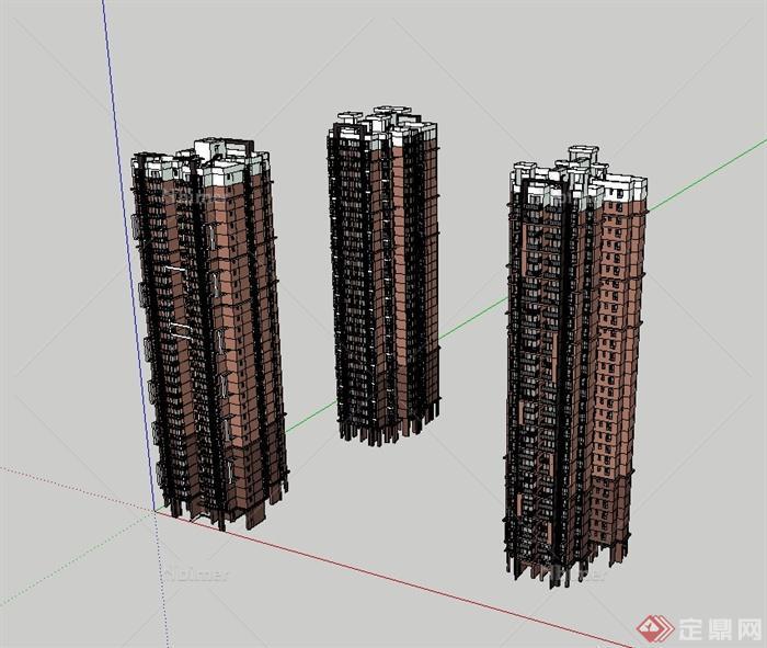 三栋现代风格高层住宅建筑设计SU模型[原创]