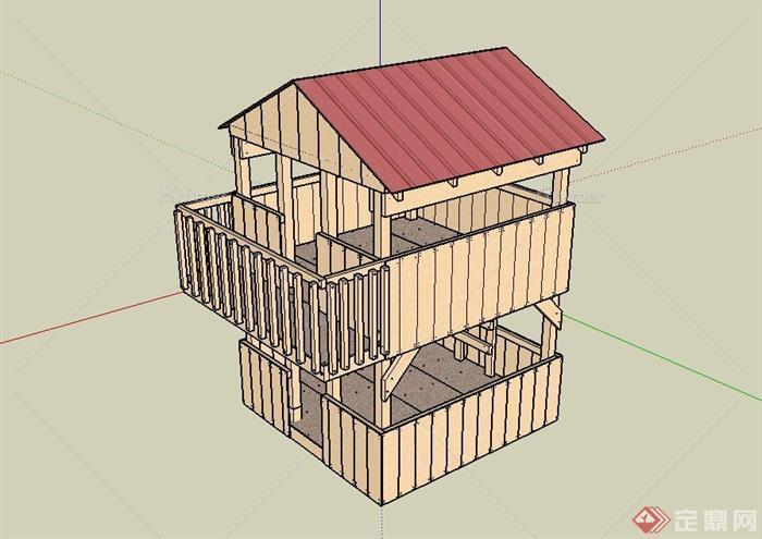 某木质两层站岗台建筑设计SU模型