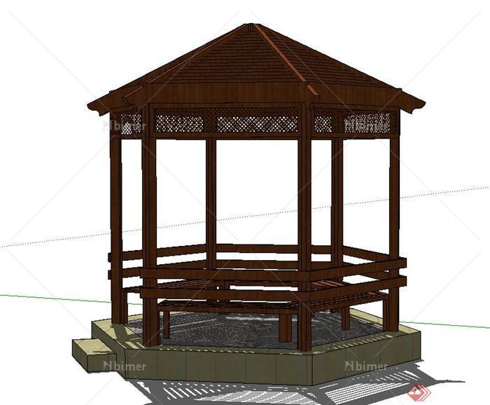 园林景观节点木质六角景观亭设计SU模型