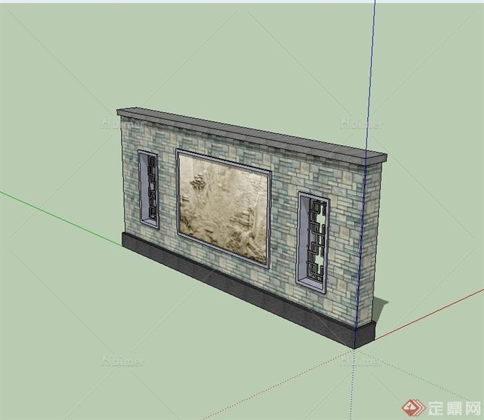 现代中式风格文化景观墙设计su模型[原创]