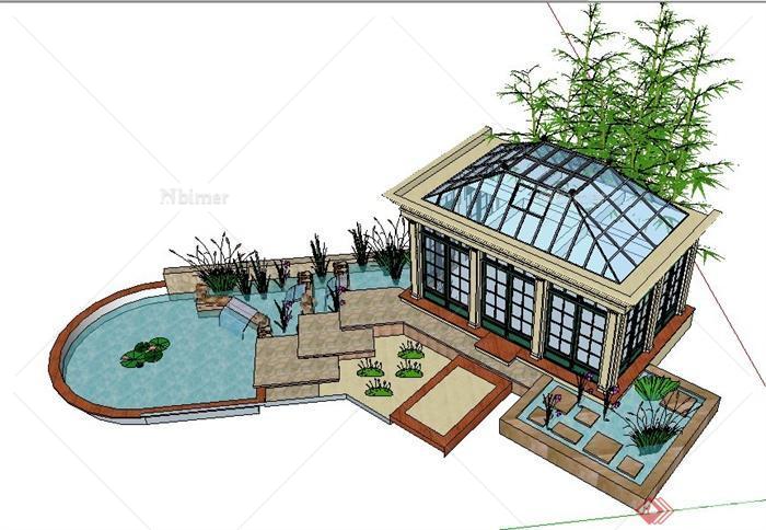 现代风格庭院花房及景观水池su模型