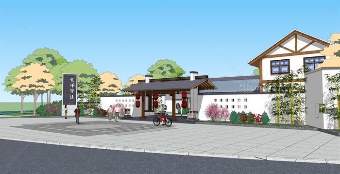 新中式风格滨水驿站建筑设计su模型[原创]