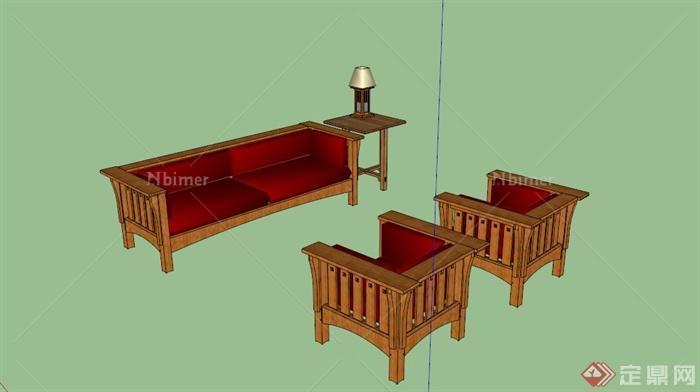 某现代木质红色沙发组合SU模型