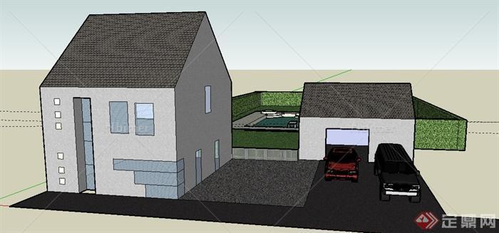 某二层建筑、车库、以及泳池SU模型
