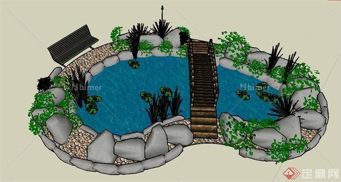园林景观节点水体与园桥组合设计SU模型