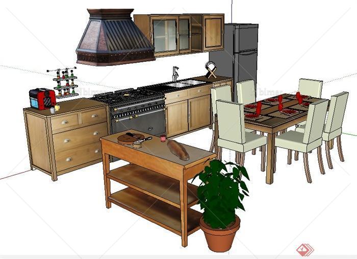 中式风格整体橱柜及餐桌椅su模型