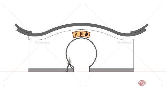 古典中式弧形顶圆形门洞景墙SU模型
