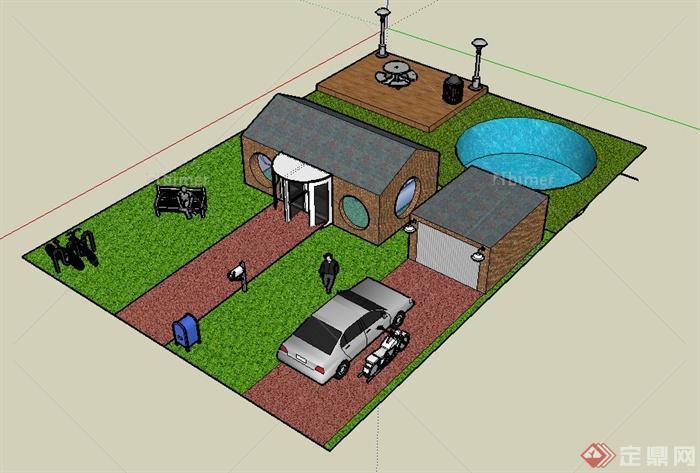 某休息房建筑设计SU模型（带庭院景观）