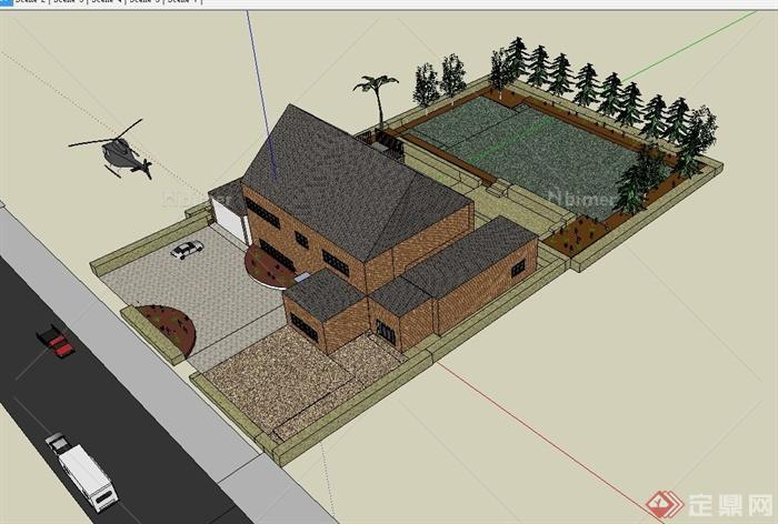 某私家别墅建筑设计SU模型（带庭院）