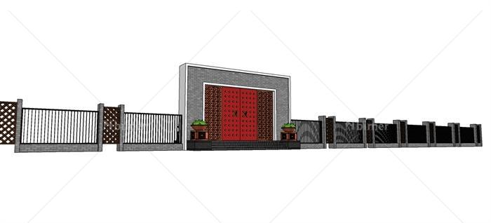 中式大门及围墙设计su模型[原创]