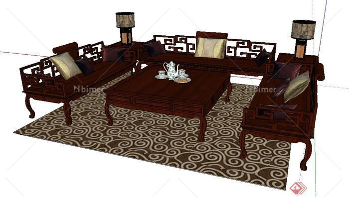古典中式木制沙发茶几su模型