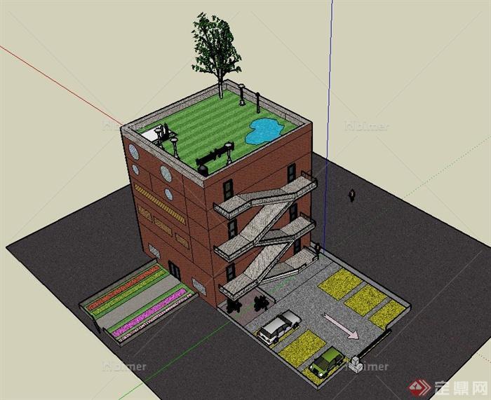 某现代公寓建筑设计SU模型（带屋顶花园）