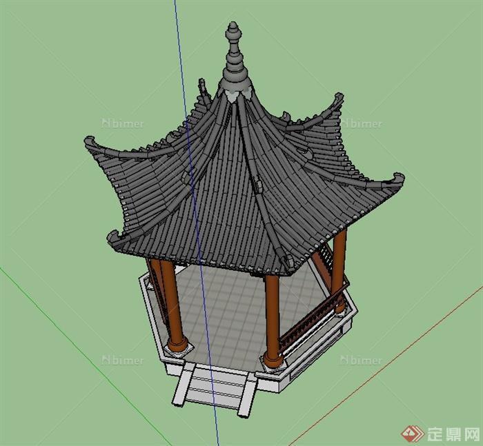 某古典中式带斗拱六角翘檐亭设计SU模型