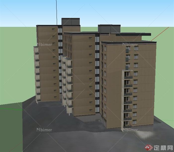 某现代三栋错落相连多层住宅建筑设计SU模型
