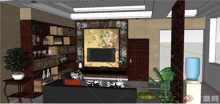 中式风格家装客厅室内设计su模型