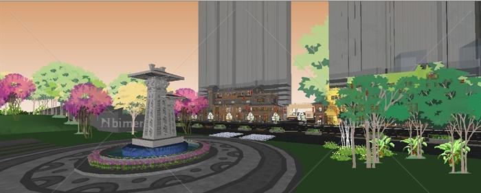 仿古滨江商业街建筑与景观sketchup精致设计模型