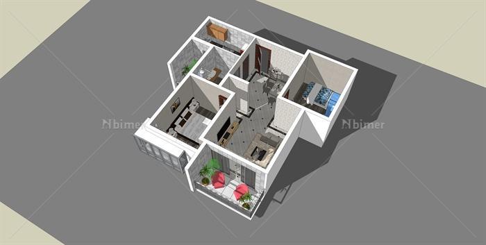 两室两厅一厨一卫室内家装SU模型含cad方案图[原