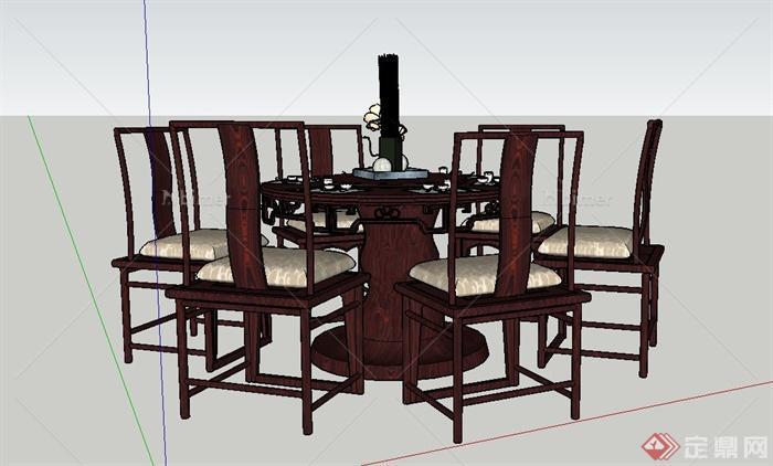 中式木质六人餐桌椅设计SU模型