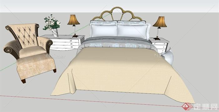 欧式风格双人床及沙发su模型