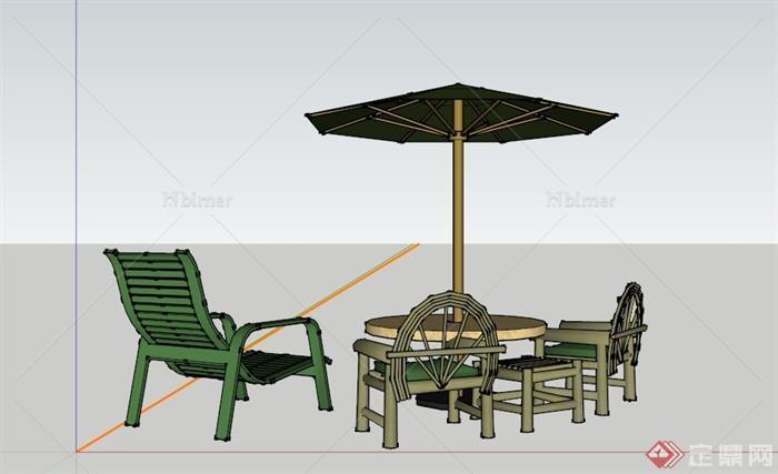 户外遮阳伞躺椅坐凳组合SU模型
