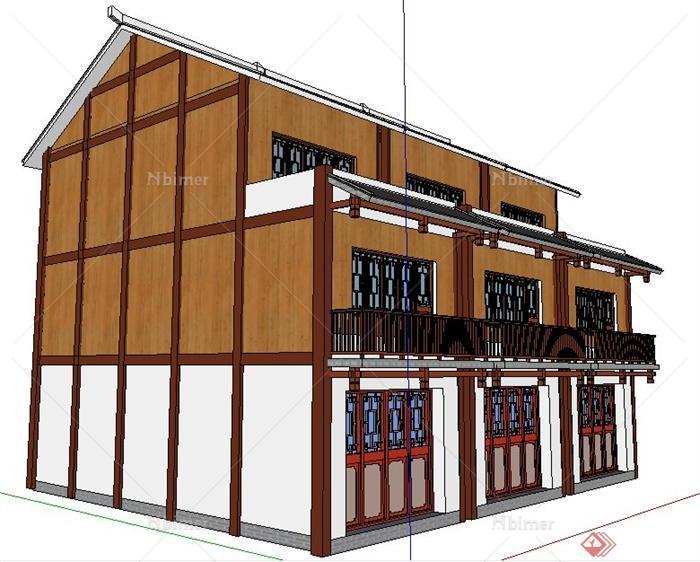 中式风格沿街三层商铺建筑设计su模型