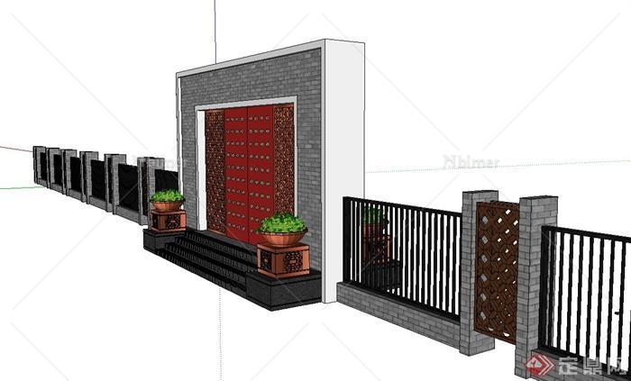 古典中式入口大门围墙设计SU模型[原创]