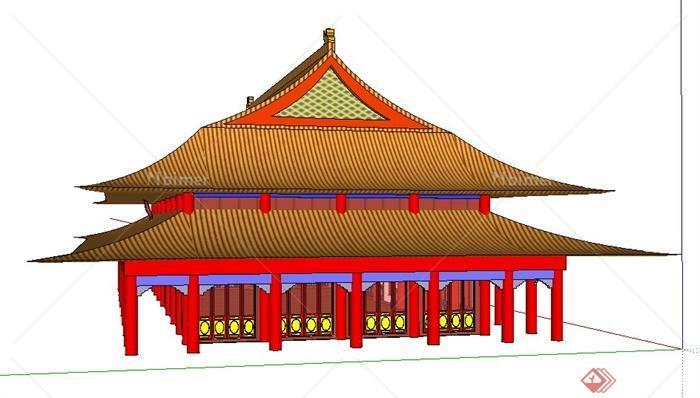 古典中式两层大雄宝殿建筑设计SU模型