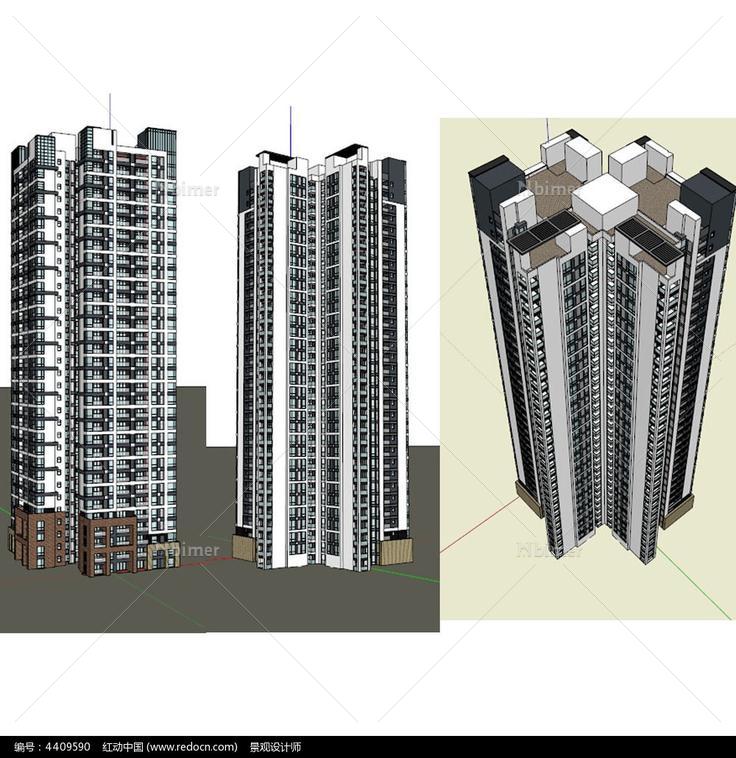 蝶形户型中式高层建筑草图大师模型