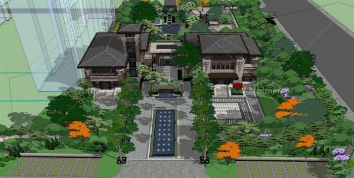 新中式售楼处建筑景观设计SU模型