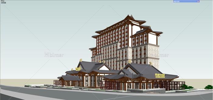某现代中式风格精致详细酒店建筑设计su模型[原创