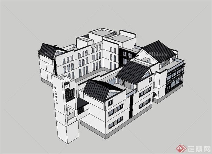 新中式风格住宅楼建筑设计su模型[原创]